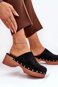 Chodaki Klapki Damskie Z Ćwiekami Eko Zamszowe Czarne Ellason