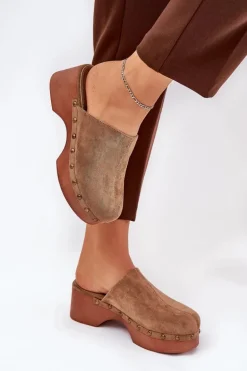 Chodaki Klapki Damskie Z Ćwiekami Eko Zamszowe Camel Ellason