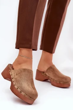 Chodaki Klapki Damskie Z Ćwiekami Eko Zamszowe Camel Ellason