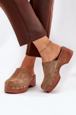 Chodaki Klapki Damskie Z Ćwiekami Eko Zamszowe Camel Ellason