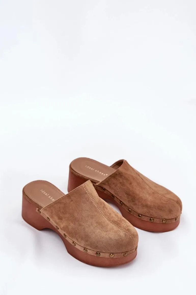 Chodaki Klapki Damskie Z Ćwiekami Eko Zamszowe Camel Ellason