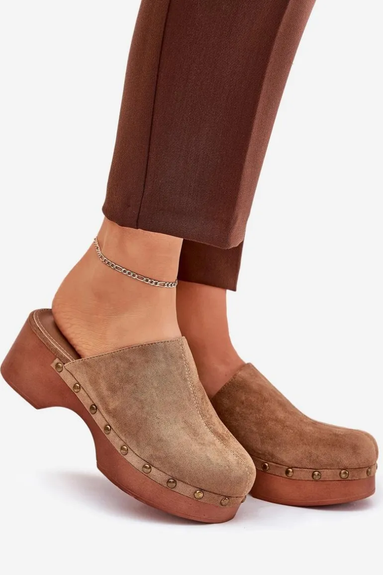 Chodaki Klapki Damskie Z Ćwiekami Eko Zamszowe Camel Ellason