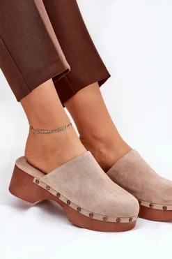 Chodaki Klapki Damskie Z Ćwiekami Eko Zamszowe Beżowe Ellason