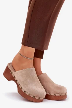 Chodaki Klapki Damskie Z Ćwiekami Eko Zamszowe Beżowe Ellason