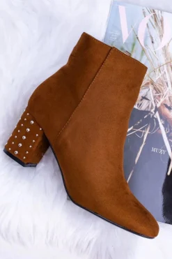 Ciepłe Damskie Botki Na Słupku Brązowe Jokasta