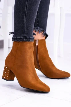 Ciepłe Damskie Botki Na Słupku Brązowe Jokasta