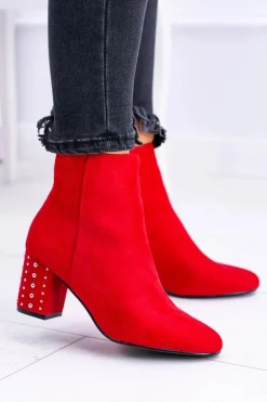 Ciepłe Damskie Botki Na Słupku Czerwone Jokasta