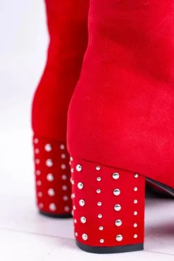 Ciepłe Damskie Botki Na Słupku Czerwone Jokasta