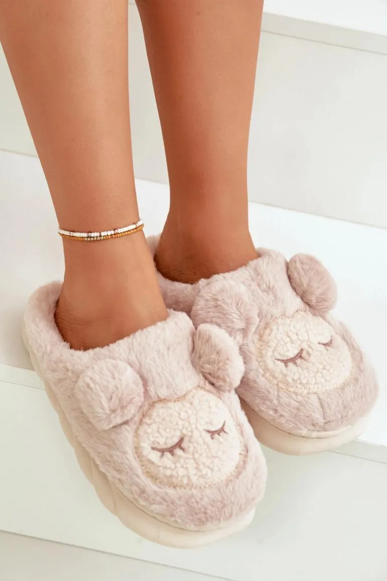 Ciepłe Futrzane Kapcie Damskie Beżowe Jozelinetta