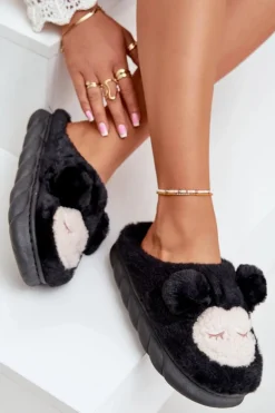 Ciepłe Futrzane Kapcie Damskie Czarne Jozelinetta