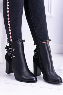 Czarne Botki Na Słupku Z Paskami Lico Zamsz Nevada
