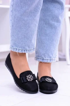 Czarne Damskie Baleriny Lordsy Cyrkonie Rumi