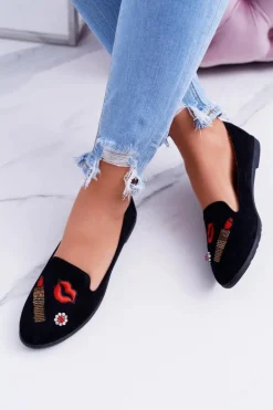 Czarne Damskie Baleriny Naszywki Lipstick