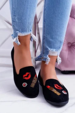 Czarne Damskie Baleriny Naszywki Lipstick