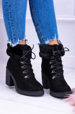 Czarne Damskie Botki Z Futerkiem Na Słupku Influence