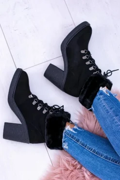 Czarne Damskie Botki Z Futerkiem Na Słupku Influence