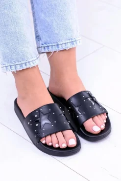 Czarne Damskie Klapki Dżety Gwiazdy Bajela