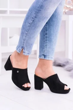 Czarne Damskie Klapki Na Słupku Elegante