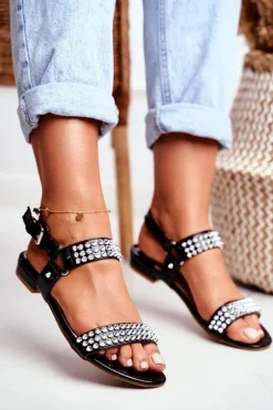 Czarne Damskie Płaskie Sandałki Lu Boo Z Ćwiekami Aldona