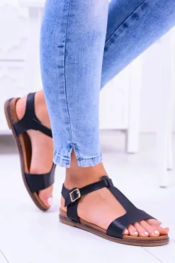 Czarne Damskie Płaskie Sandałki Sunnyside