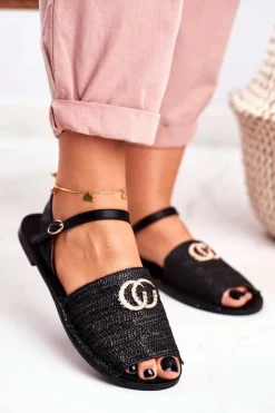 Czarne Damskie Płaskie Sandałki Lu Boo Plecione Felicia