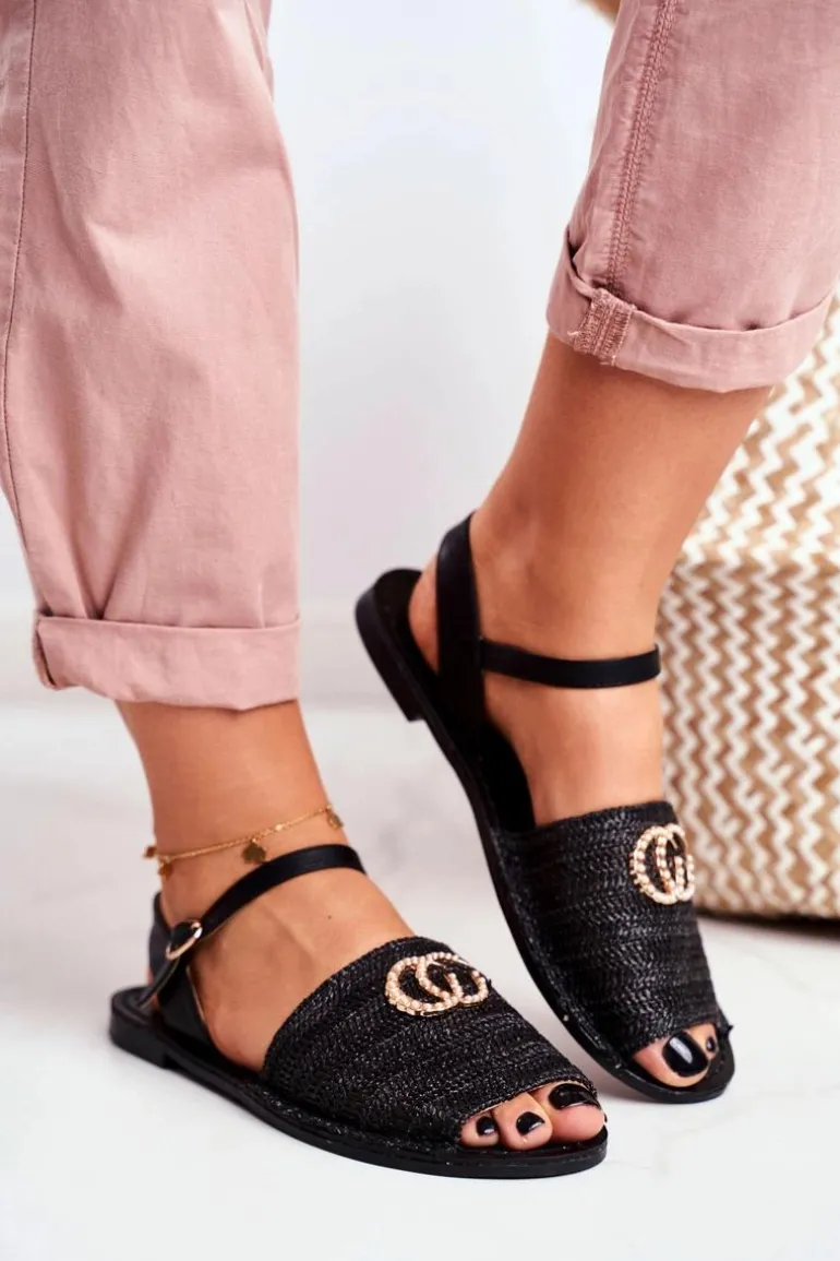 Czarne Damskie Płaskie Sandałki Lu Boo Plecione Felicia