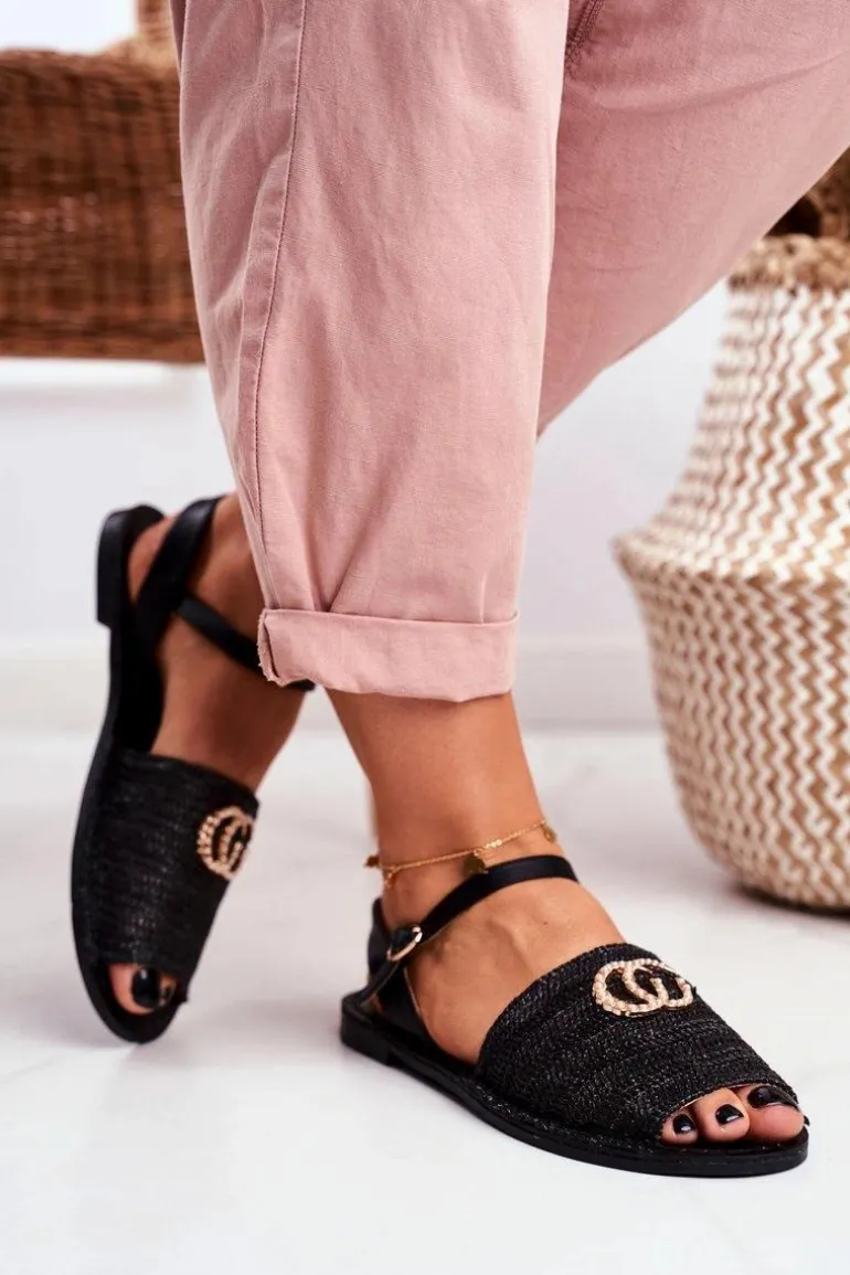 Czarne Damskie Płaskie Sandałki Lu Boo Plecione Felicia