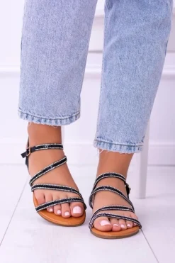 Czarne Damskie Sandały Z Cyrkoniami Ferragosto