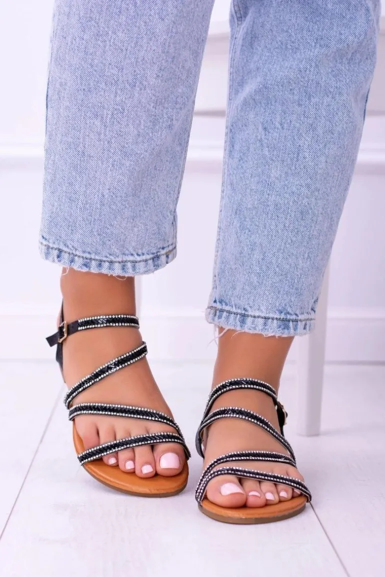 Czarne Damskie Sandały Z Cyrkoniami Ferragosto