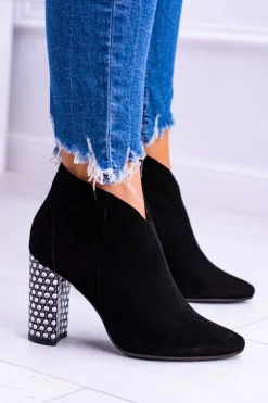 Czarne Eleganckie Zamszowe Botki na Słupku Laura Messi 1849