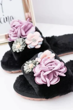 Czarne Klapki Damskie Z Kwiatkami Lu Boo Bouquet