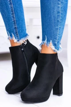 Czarne Nubukowe Botki na Słupku Emoretto