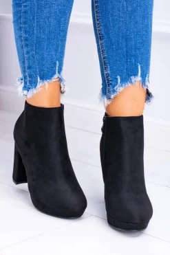 Czarne Nubukowe Botki na Słupku Emoretto