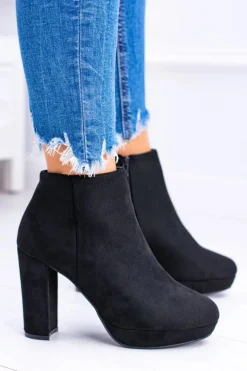 Czarne Nubukowe Botki na Słupku Emoretto