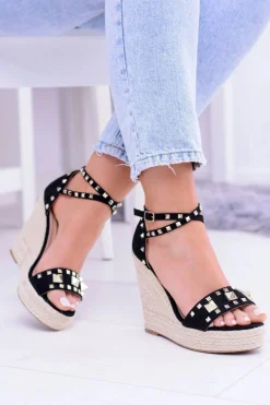 Czarne Sandały Na Koturnie Espadryl Ćwieki Dżety Narumi