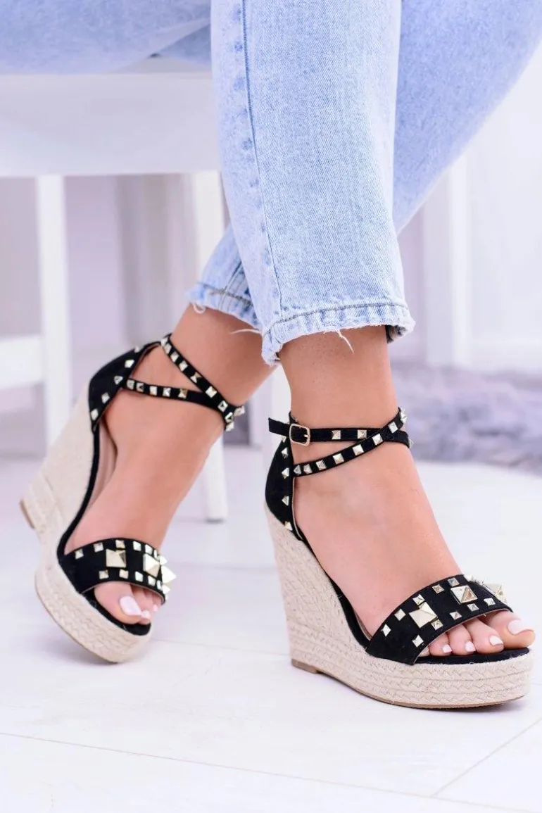 Czarne Sandały Na Koturnie Espadryl Ćwieki Dżety Narumi
