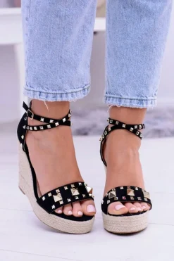 Czarne Sandały Na Koturnie Espadryl Ćwieki Dżety Narumi