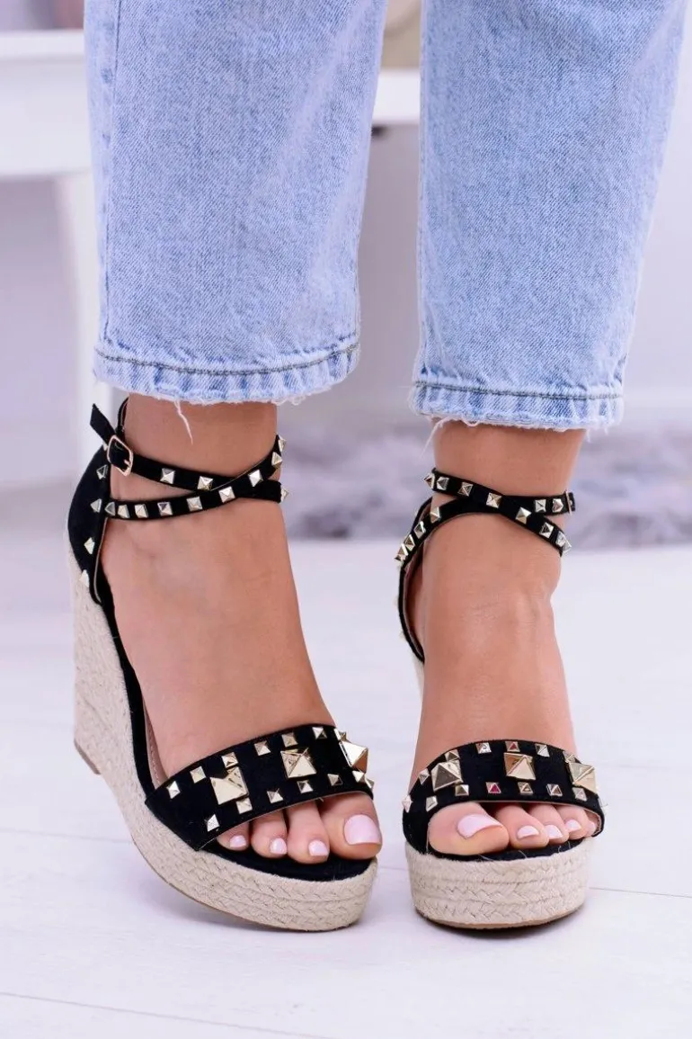 Czarne Sandały Na Koturnie Espadryl Ćwieki Dżety Narumi
