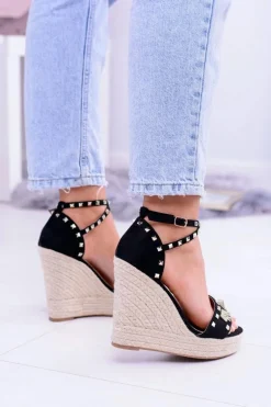 Czarne Sandały Na Koturnie Espadryl Ćwieki Dżety Narumi