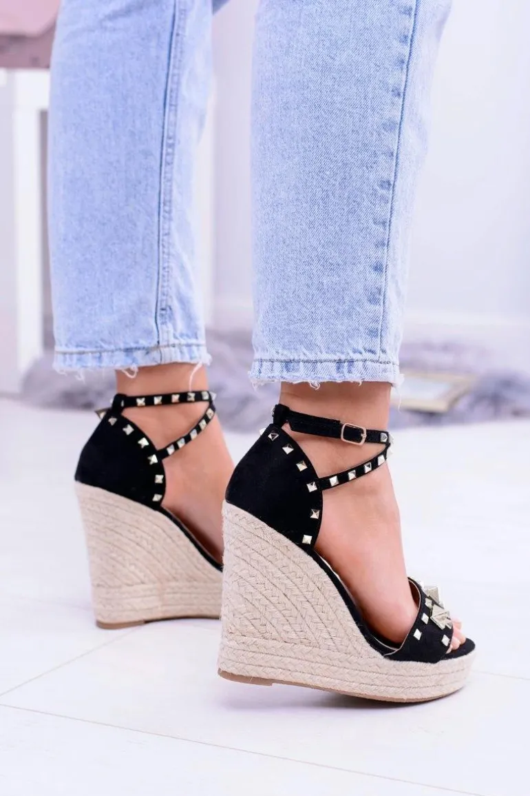 Czarne Sandały Na Koturnie Espadryl Ćwieki Dżety Narumi