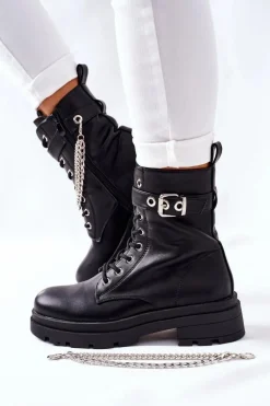 Czarne Workery Botki z Łańcuchem Midtown