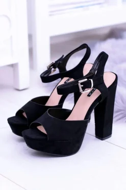 Czarne Wysokie Zamszowe Sandałki na Słupku Gertigo