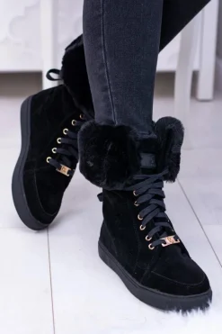 Czarne Zamszowe Botki LU BOO Timberki z Futrem