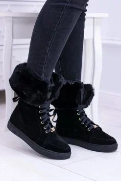 Czarne Zamszowe Botki LU BOO Timberki z Futrem