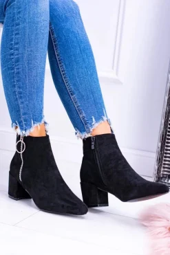 Czarne Zamszowe Botki Na Słupku w Szpic Jonnes