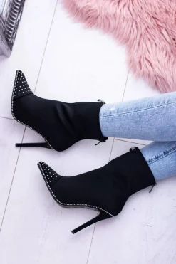 Czarne Zamszowe Botki na Szpilce Regio