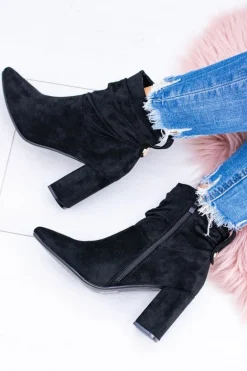 Czarne Zamszowe Botki Na Słupku Bresci