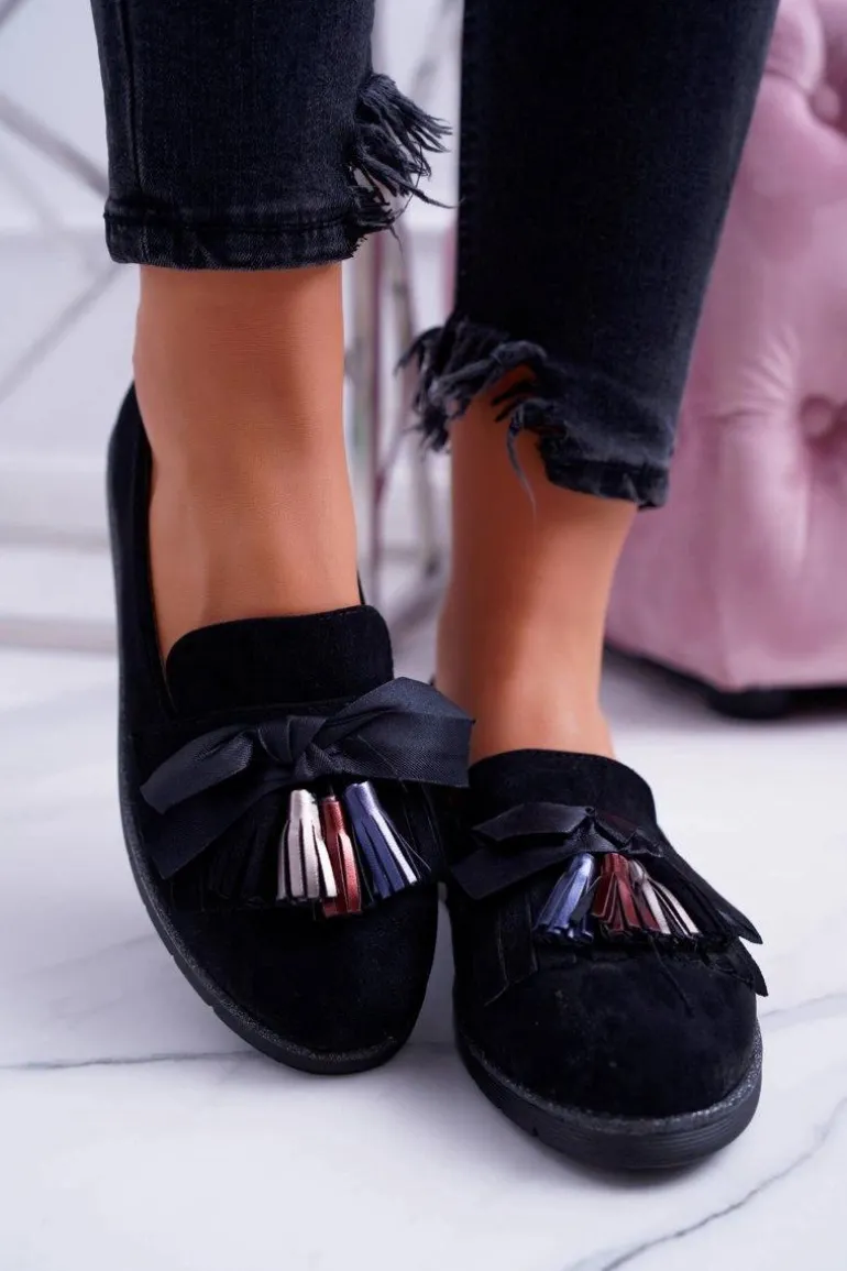 Czarne Zamszowe Mokasyny Z Frędzlami Ermire