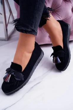 Czarne Zamszowe Mokasyny Z Frędzlami Ermire
