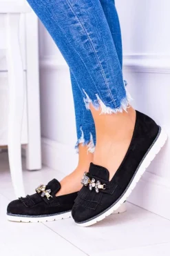 Czarne Zamszowe Mokasyny z Kryształami Vivaro
